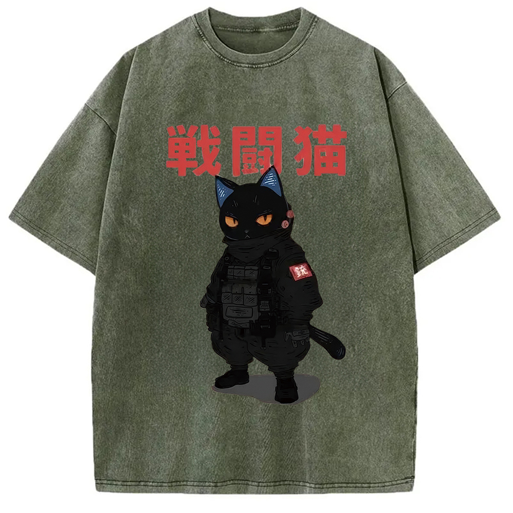 Tokyo-Assassin Fighting Cat Washed T-Shirt-Tokyo-Assassin