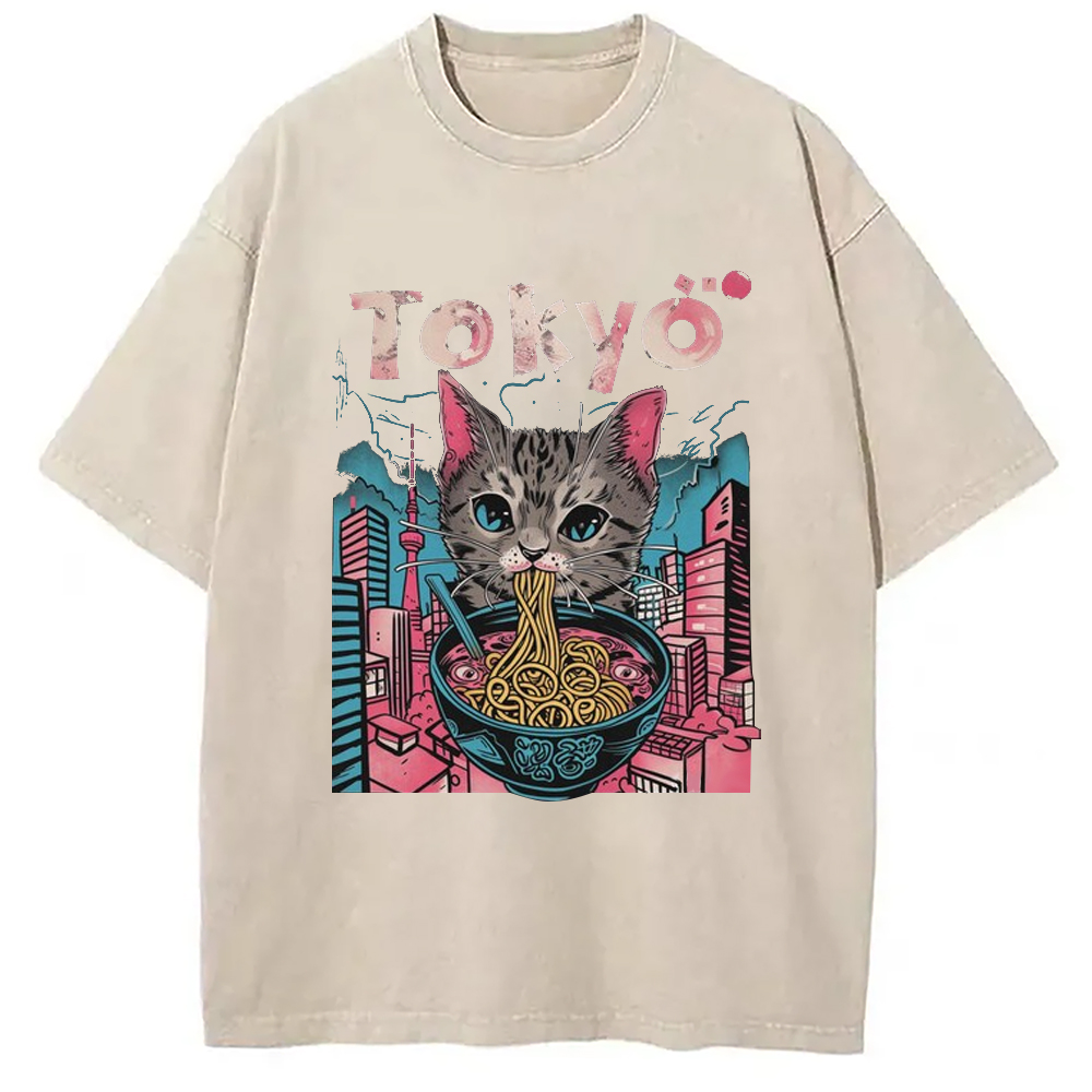 Tokyo-Assassin Tokyo Ramen Pink Cat Washed T-Shirt-Tokyo-Assassin