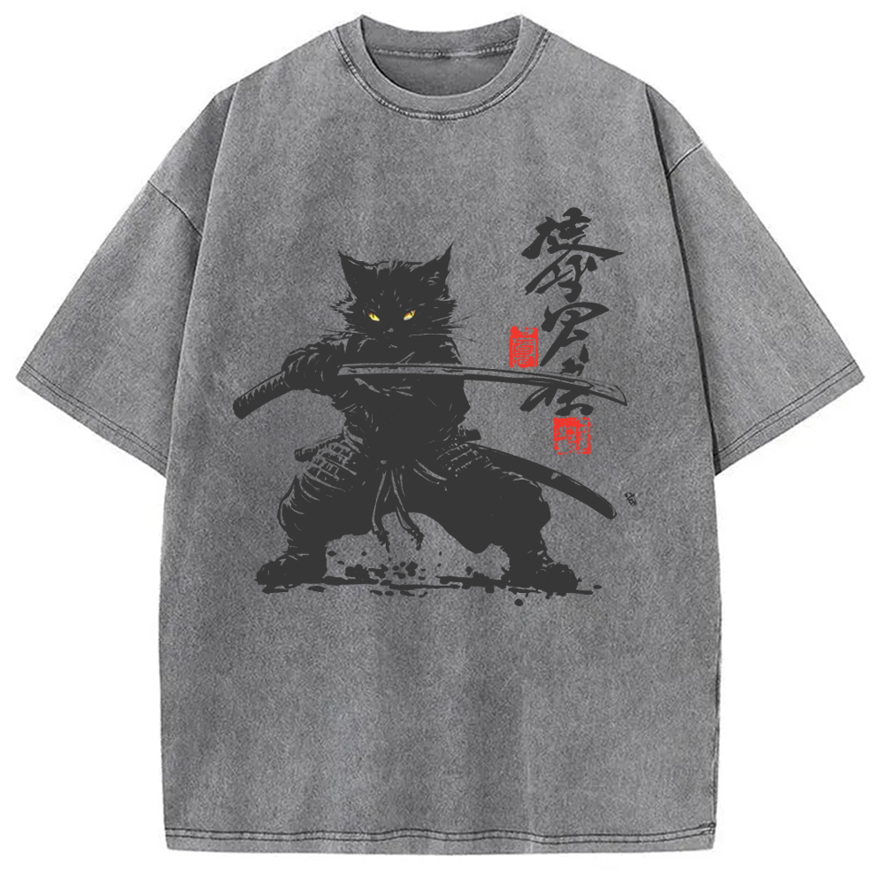 Tokyo-Assassin Samurai Cat Japanese Washed T-Shirt-Tokyo Assassin