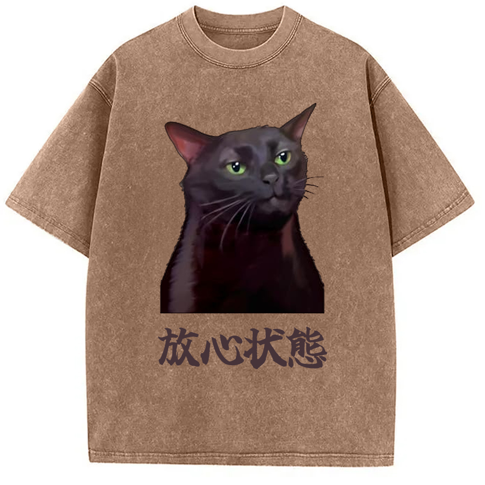 Tokyo-Assassin Black Cat Zoning Out Meme Washed T-Shirt-Tokyo-Assassin