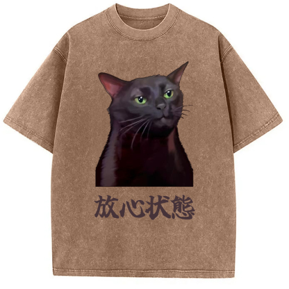 Tokyo-Assassin Black Cat Zoning Out Meme Washed T-Shirt-Tokyo-Assassin