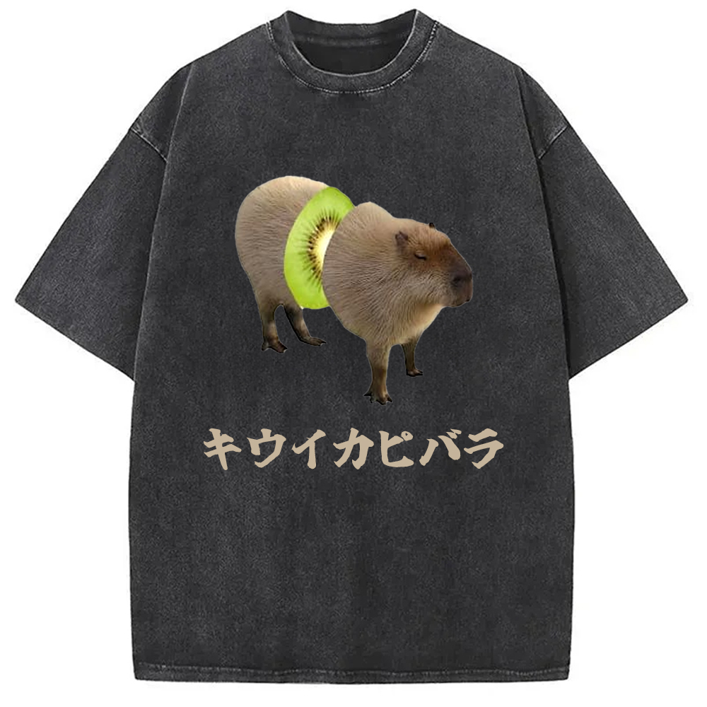 Tokyo-Assassin Kiwi Capybara Funny Meme Washed T-Shirt-Tokyo-Assassin