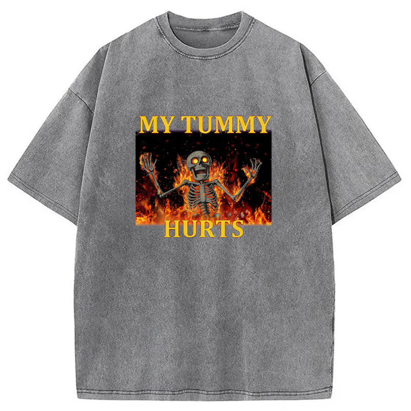 Tokyo-Assassin Skeleton Tummy Hurts Washed T-Shirt-Tokyo-Assassin