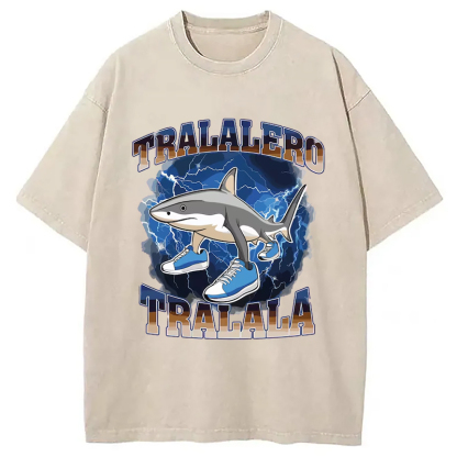 Tokyo-Assassin Tralalero Tralala Funny Shark Meme Washed T-Shirt-Tokyo-Assassin