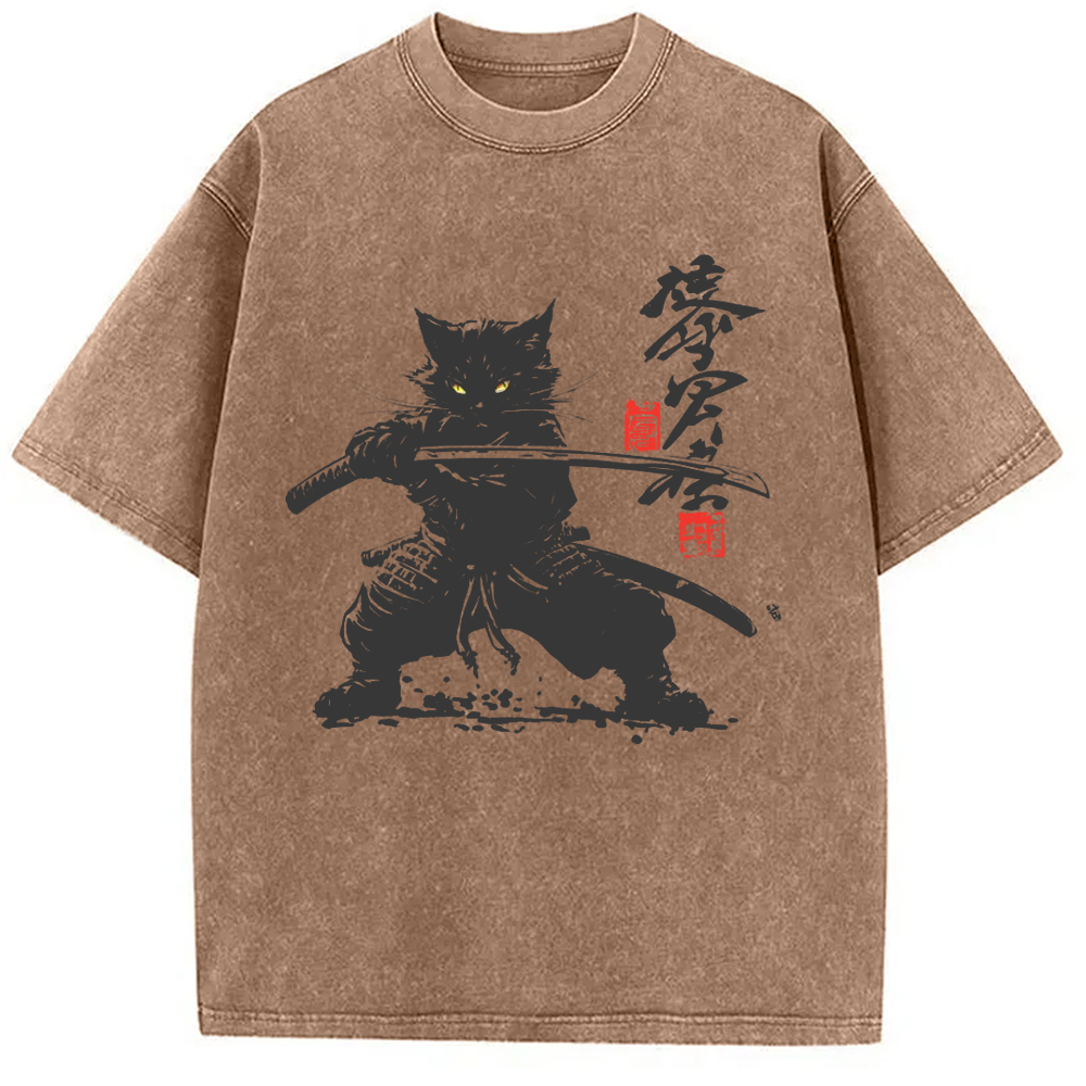 Tokyo-Assassin Samurai Cat Japanese Washed T-Shirt-Tokyo Assassin