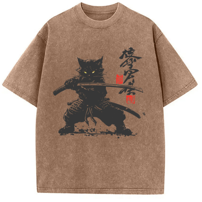Tokyo-Assassin Samurai Cat Japanese Washed T-Shirt-Tokyo Assassin