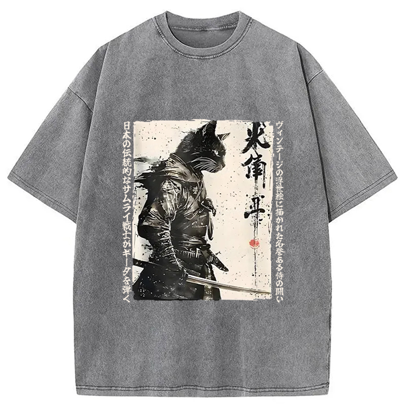 Tokyo-Assassin Cat Samurai Retro Washed T-Shirt-Tokyo-Assassin