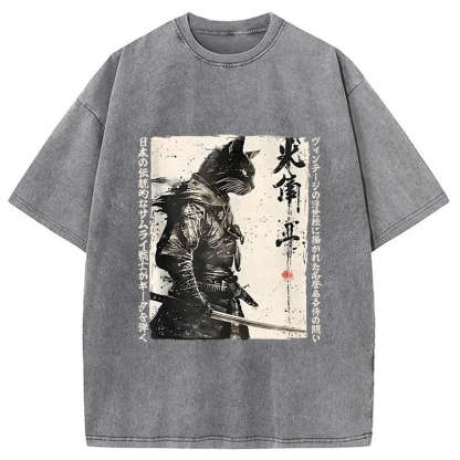 Tokyo-Assassin Cat Samurai Retro Washed T-Shirt-Tokyo-Assassin