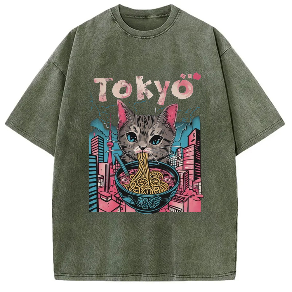Tokyo-Assassin Tokyo Ramen Pink Cat Washed T-Shirt-Tokyo-Assassin