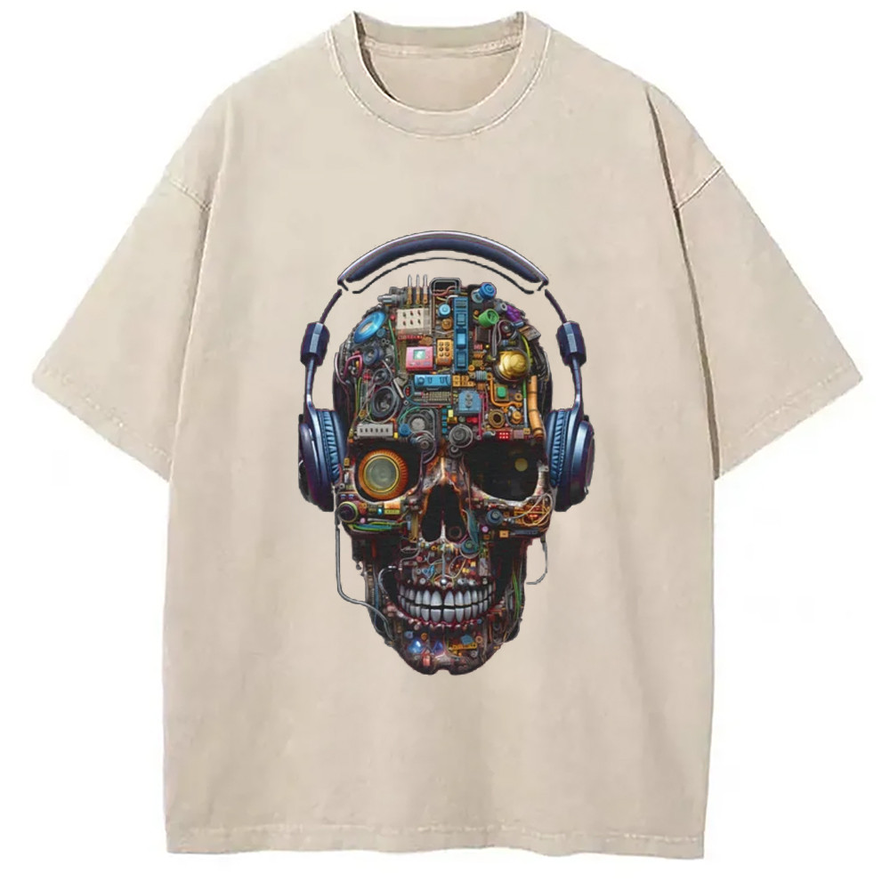 Tokyo-Assassin Skull Listening to Music Washed T-Shirt-Tokyo Assassin
