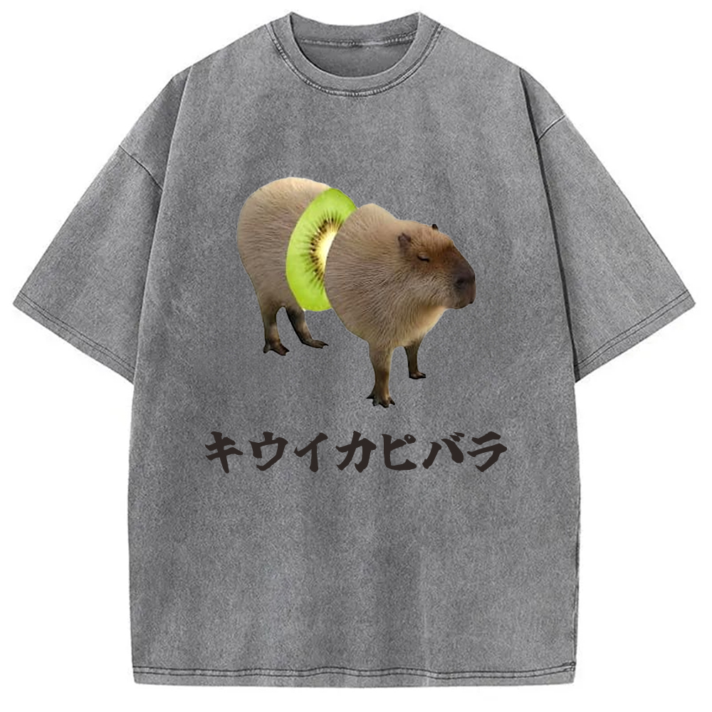Tokyo-Assassin Kiwi Capybara Funny Meme Washed T-Shirt-Tokyo-Assassin