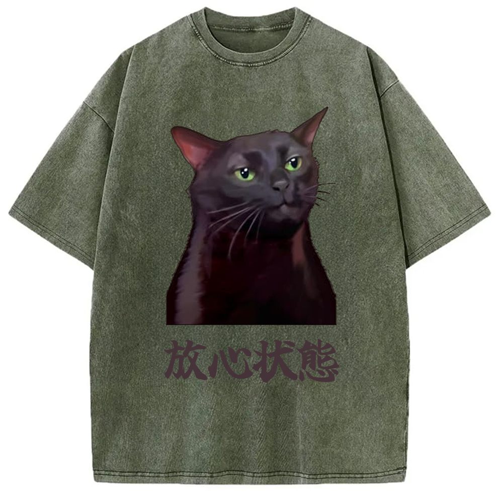 Tokyo-Assassin Black Cat Zoning Out Meme Washed T-Shirt-Tokyo-Assassin