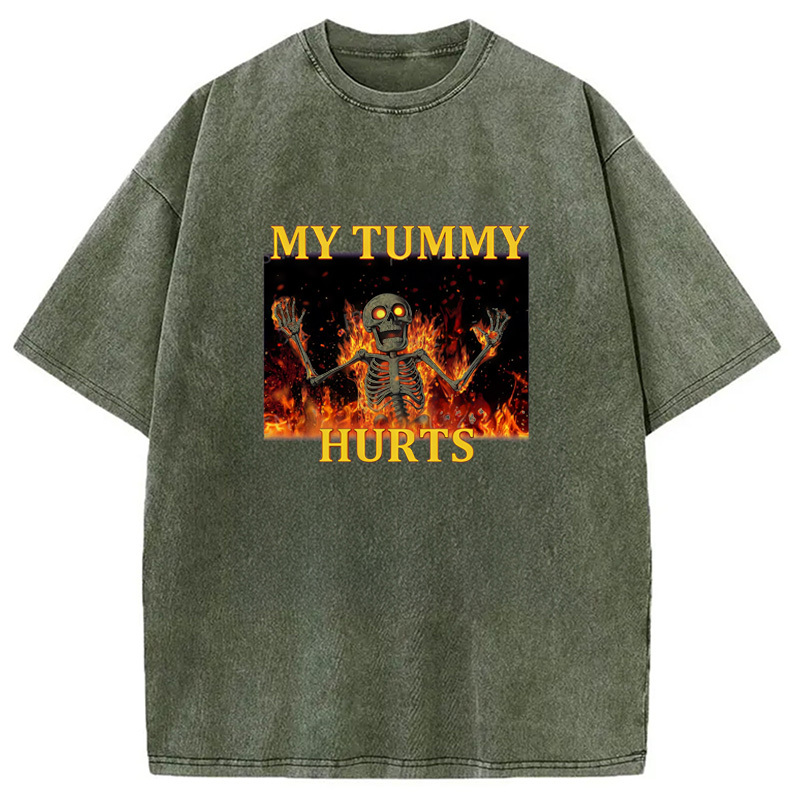 Tokyo-Assassin Skeleton Tummy Hurts Washed T-Shirt-Tokyo-Assassin