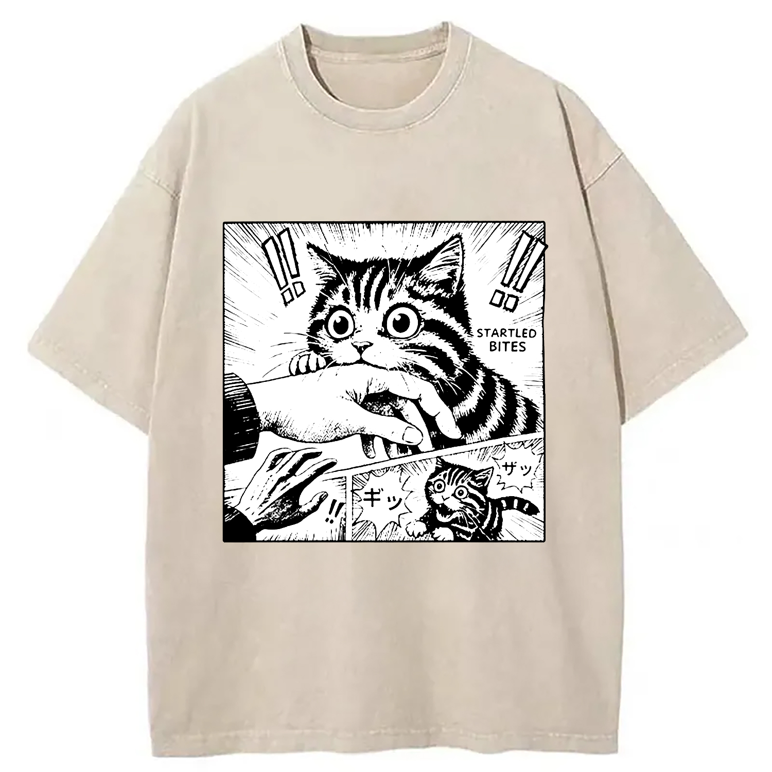 Tokyo-Assassin Cat Biting Funny Washed T-Shirt-Tokyo-Assassin