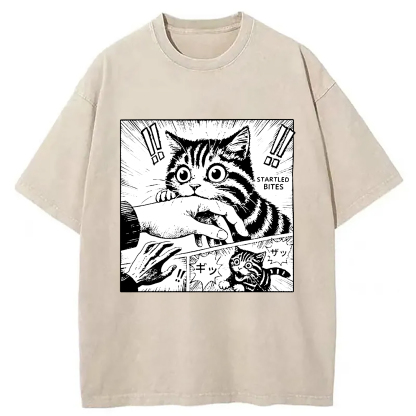 Tokyo-Assassin Cat Biting Funny Washed T-Shirt-Tokyo-Assassin