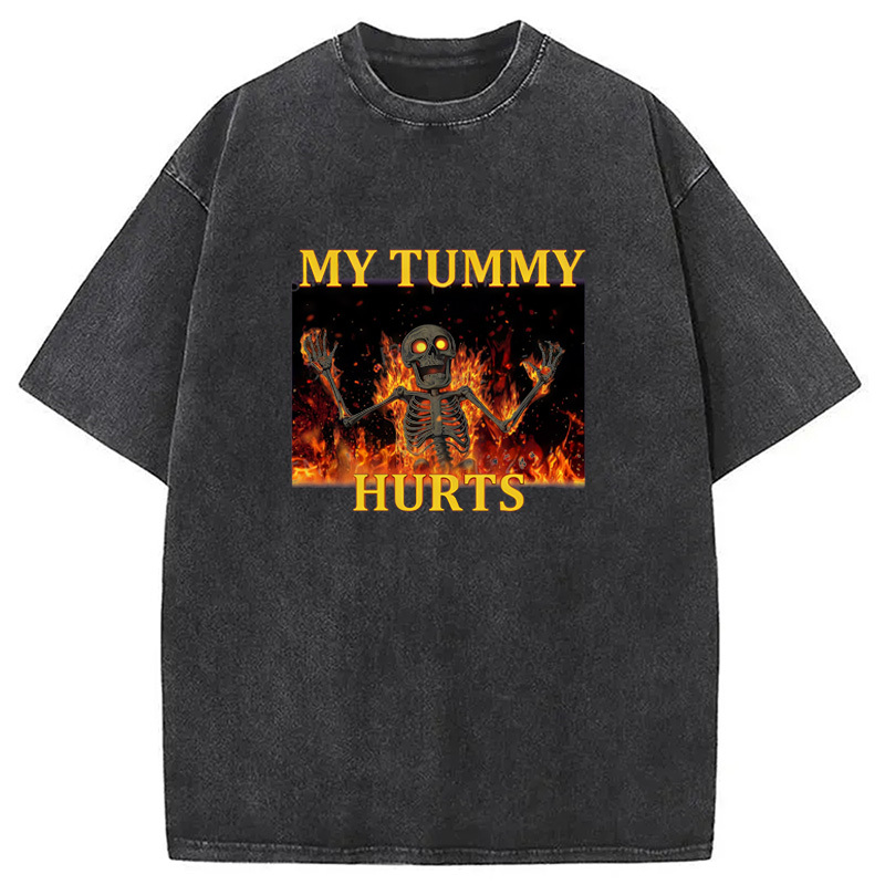 Tokyo-Assassin Skeleton Tummy Hurts Washed T-Shirt-Tokyo-Assassin