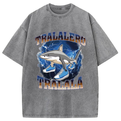Tokyo-Assassin Tralalero Tralala Funny Shark Meme Washed T-Shirt-Tokyo-Assassin
