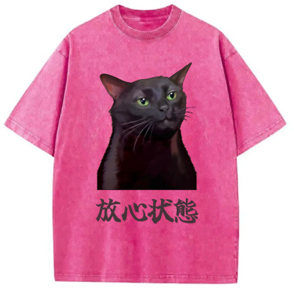 Tokyo-Assassin Black Cat Zoning Out Meme Washed T-Shirt-Tokyo-Assassin