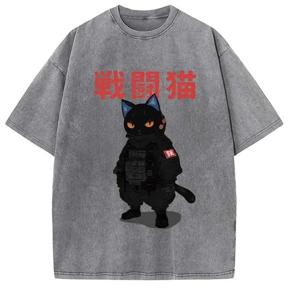 Tokyo-Assassin Fighting Cat Washed T-Shirt-Tokyo-Assassin