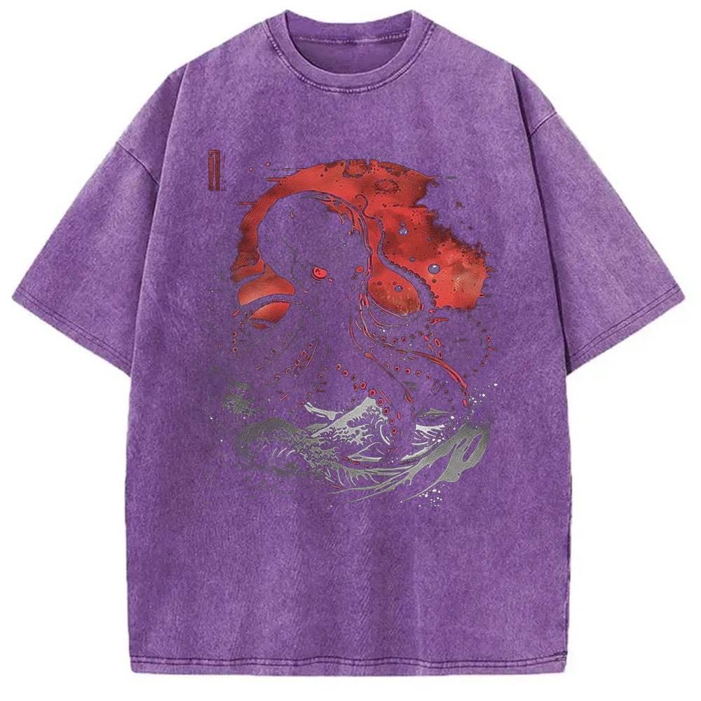 Tokyo-Assassin Red Moon Kraken Octopus Washed T-Shirt-Tokyo Assassin