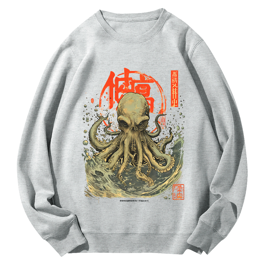 Japanese Style Octopus in The Hhuge Waves Round Neck Sweatshirt-Zazasy
