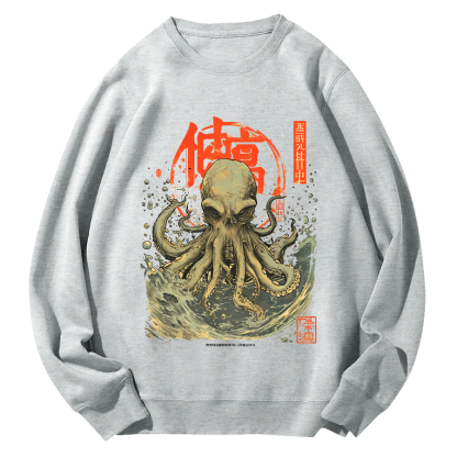 Japanese Style Octopus in The Hhuge Waves Round Neck Sweatshirt-Zazasy