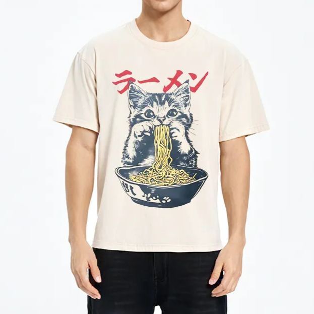 Tokyo-Assassin Cute Cat Is Eating Ramen Washed T-Shirt-Tokyo-Assassin