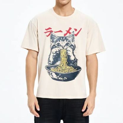Tokyo-Assassin Cute Cat Is Eating Ramen Washed T-Shirt-Tokyo-Assassin