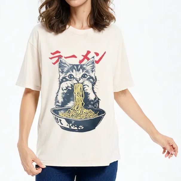 Tokyo-Assassin Cute Cat Is Eating Ramen Washed T-Shirt-Tokyo-Assassin