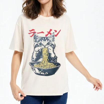 Tokyo-Assassin Cute Cat Is Eating Ramen Washed T-Shirt-Tokyo-Assassin