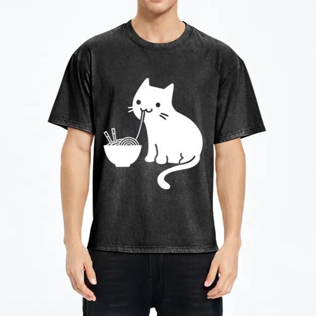 Tokyo-Assassin Cat Eating Ramen Japan Washed T-Shirt-Tokyo Assassin