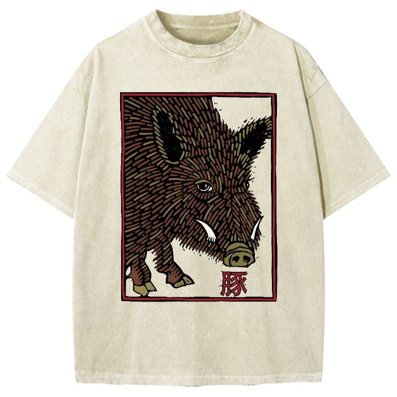 Woodcut Pig Vintage Washed T-shirt