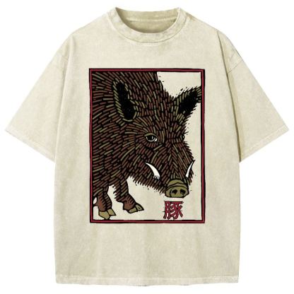 Woodcut Pig Vintage Washed T-shirt