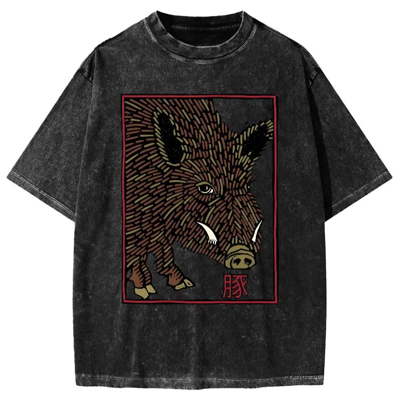 Woodcut Pig Vintage Washed T-shirt