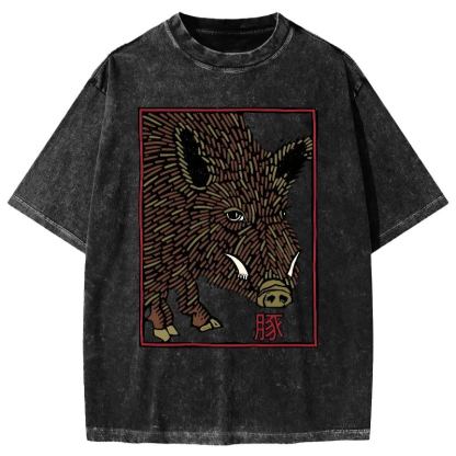Woodcut Pig Vintage Washed T-shirt