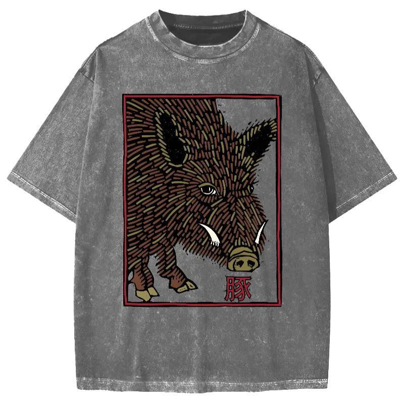 Woodcut Pig Vintage Washed T-shirt