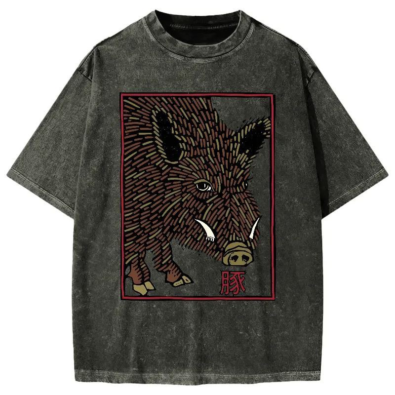 Woodcut Pig Vintage Washed T-shirt