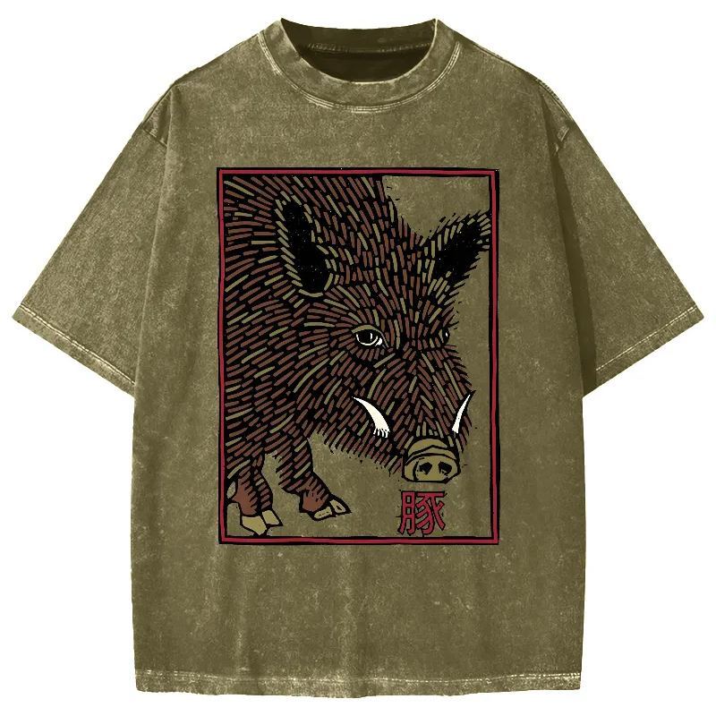 Woodcut Pig Vintage Washed T-shirt