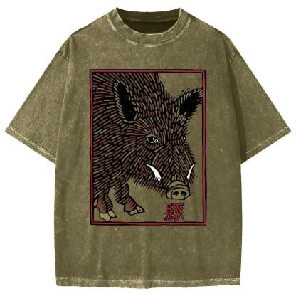 Woodcut Pig Vintage Washed T-shirt