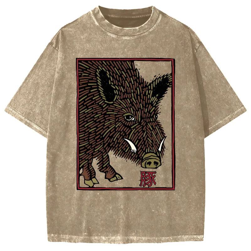 Woodcut Pig Vintage Washed T-shirt
