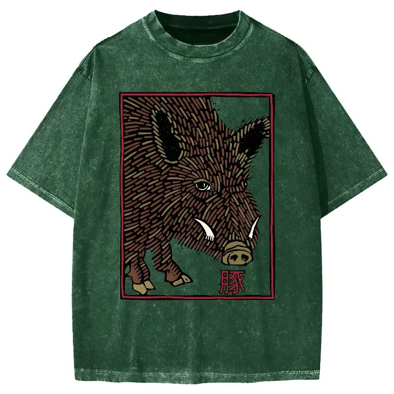 Woodcut Pig Vintage Washed T-shirt