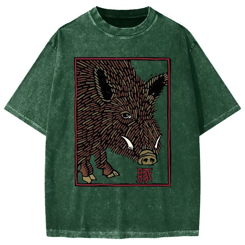 Woodcut Pig Vintage Washed T-shirt