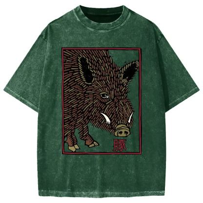 Woodcut Pig Vintage Washed T-shirt