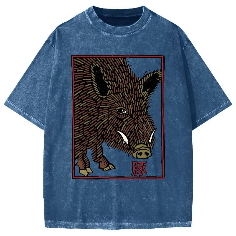 Woodcut Pig Vintage Washed T-shirt