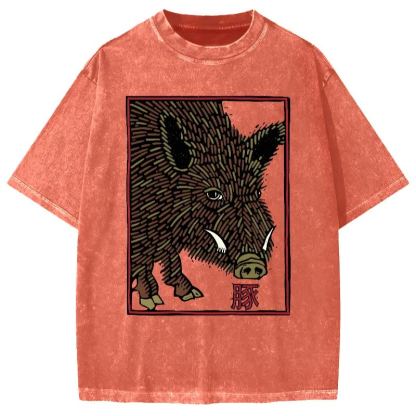 Woodcut Pig Vintage Washed T-shirt