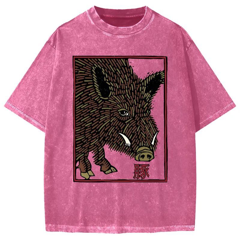 Woodcut Pig Vintage Washed T-shirt