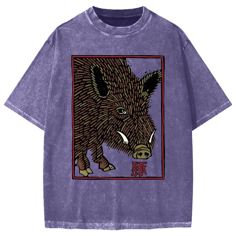 Woodcut Pig Vintage Washed T-shirt