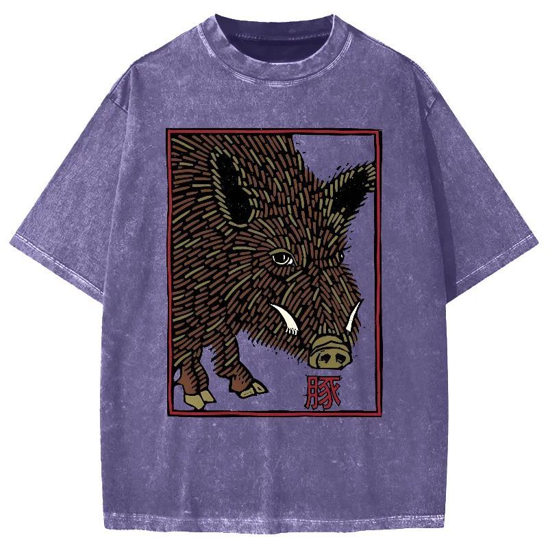 Woodcut Pig Vintage Washed T-shirt