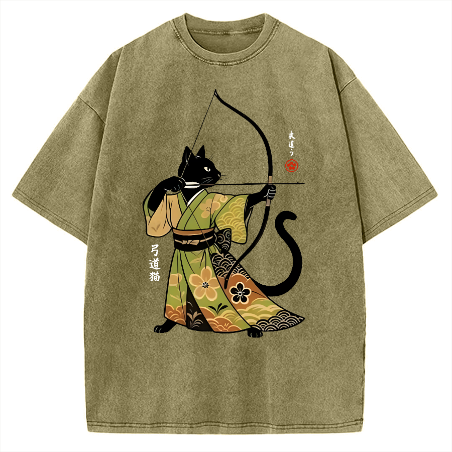 Tokyo-Assassin Japan Cat Archery Vintage Washed T-shirt