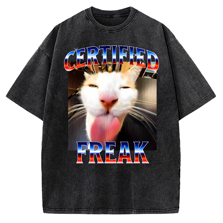 Certified Freak Cat Tongue Out - Funny Meme Cat Vintage Washed T-shirt